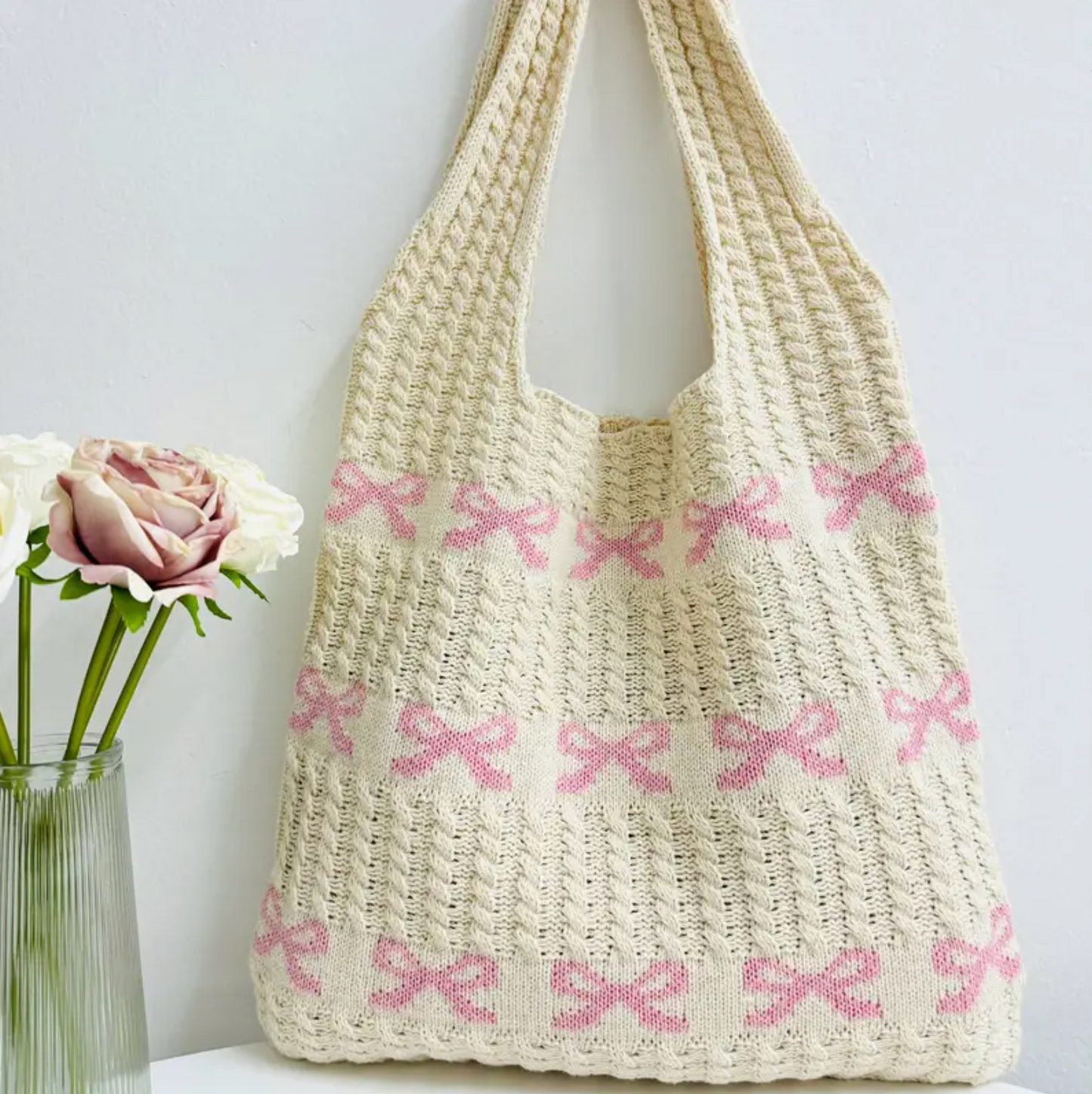 Strick Tasche - Schleife Rosa