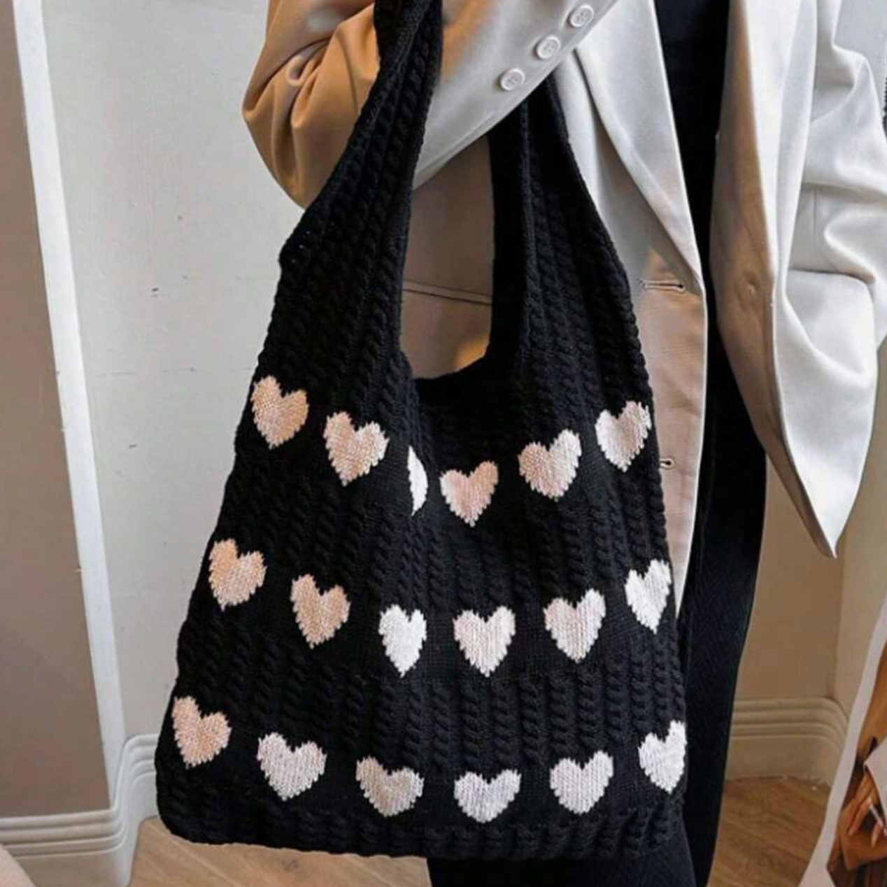 Strick Tasche - Herz Schwarz