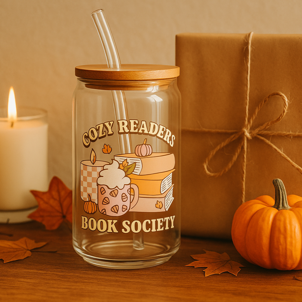 Cozy Mystery Book Box mit Glas, eingepacktem Mystery-Buch und herbstlicher Dekoration. Perfektes Geschenk für Leseratten.